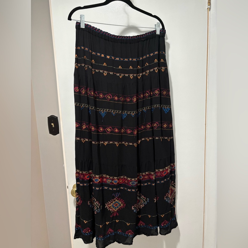 Chico's Black Maxi Skirt with Multicolor Embroidery Size 1